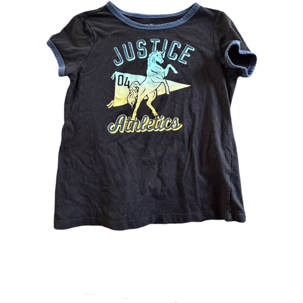 Justice Athletics Unicorn Graphic T-Shirt Girls Small 7/8 Black Short Sleeve